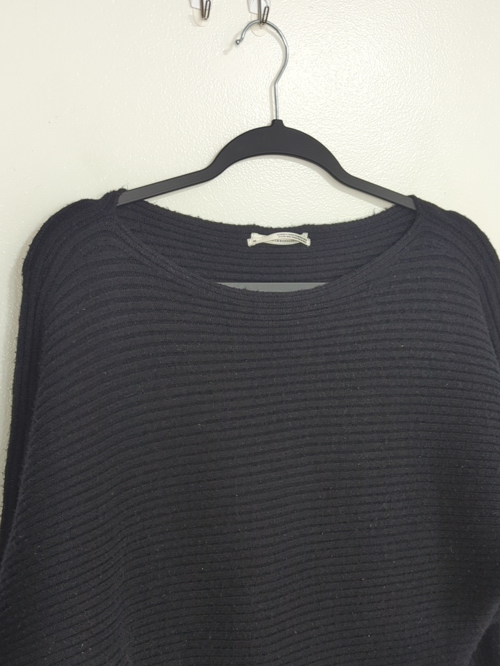 Anthropologie Black Ribbed Knit Batwing Dolman Sleeve Boatneck Sweater Size XS - Picture 2 of 6